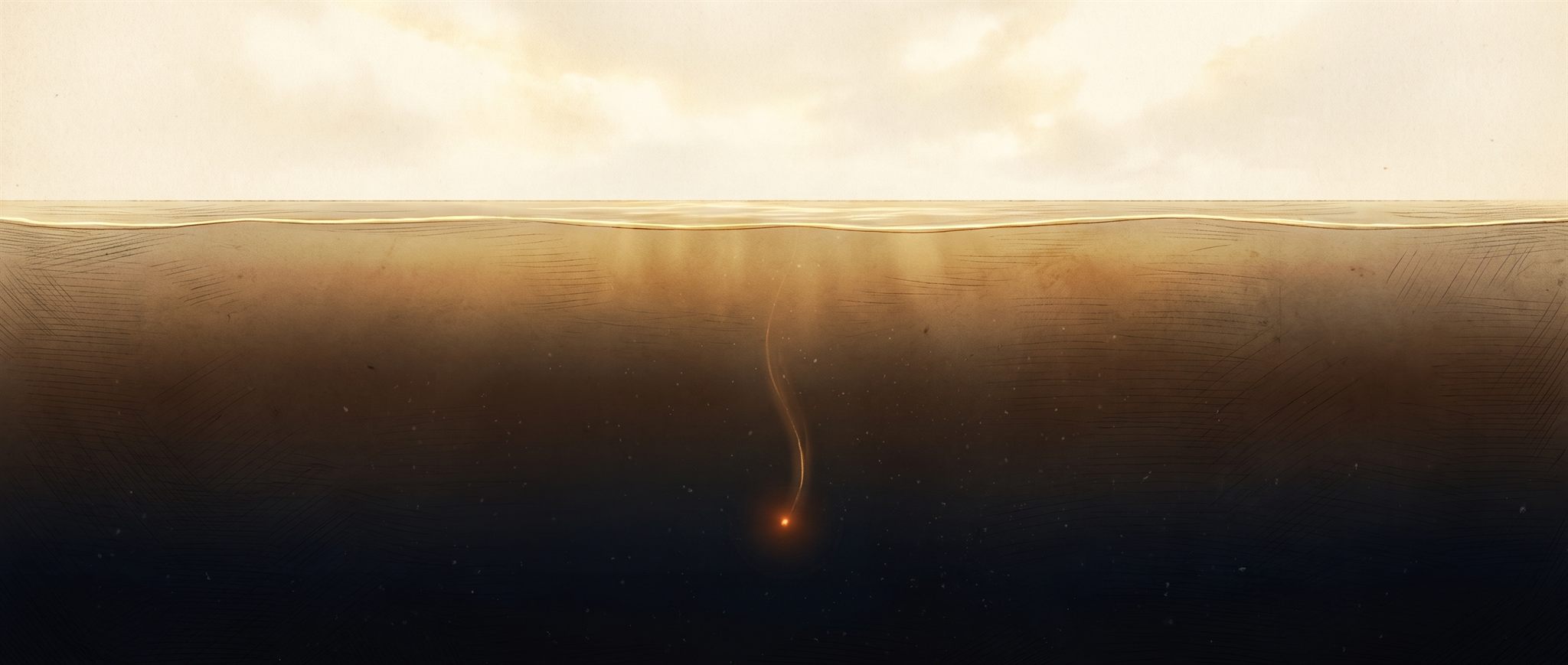 Painted cross-section of the sea: warm daylight above the waterline fading to a black abyss below, a single ember lantern sinking into the deep.