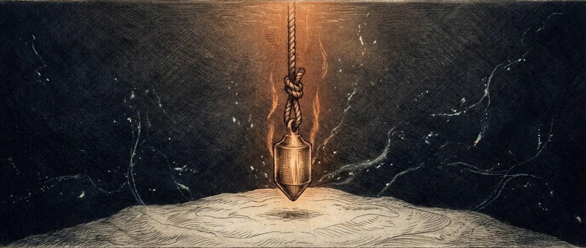 An antique field-journal etching: a plumb line and lead weight hanging in dark water, come to rest just above the seabed in lantern light — a floor found by feel.