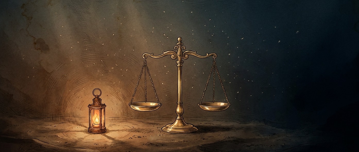An antique field-journal etching: a level brass balance scale on the dark seabed, lit by a small lantern.