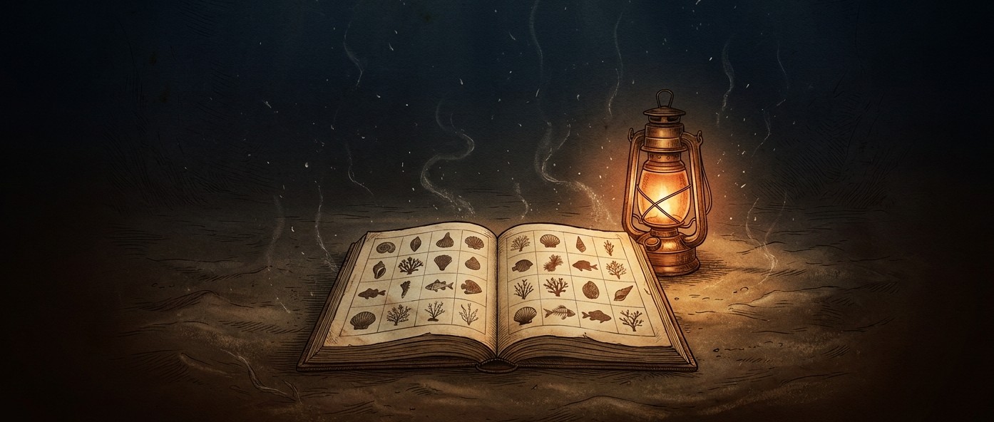 An antique field-journal etching: an open naturalist's atlas showing an orderly grid of specimen silhouettes, a lantern beside it in deep water.