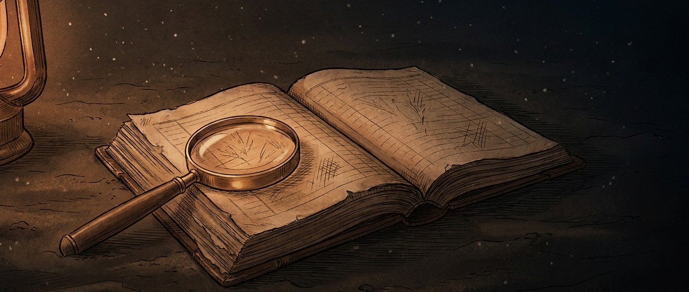 An antique field-journal etching: an open ledger on the seabed with a brass magnifying lens revealing faint marks between the lines.