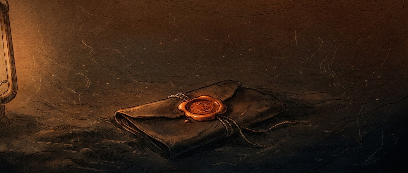 An antique field-journal etching: a folded document sealed with an ember wax seal and twine, resting on the seabed in lantern light.