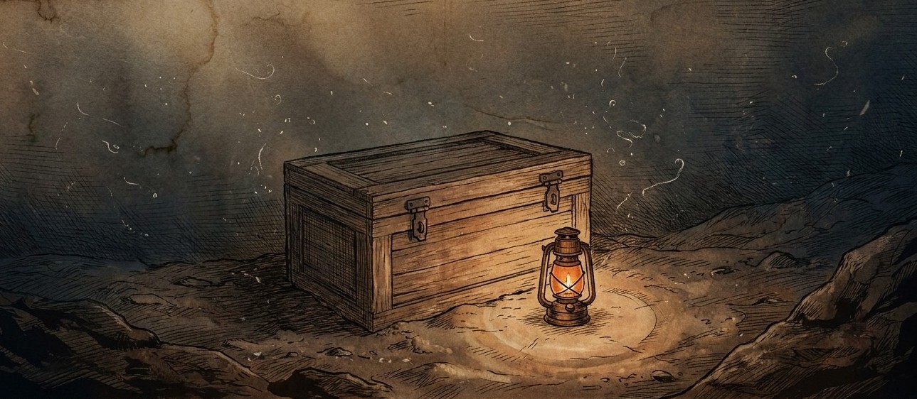 An antique field-journal etching: a sealed wooden crate on the dark seabed, a small lantern beside it casting warm ember light — what's inside is unknown.