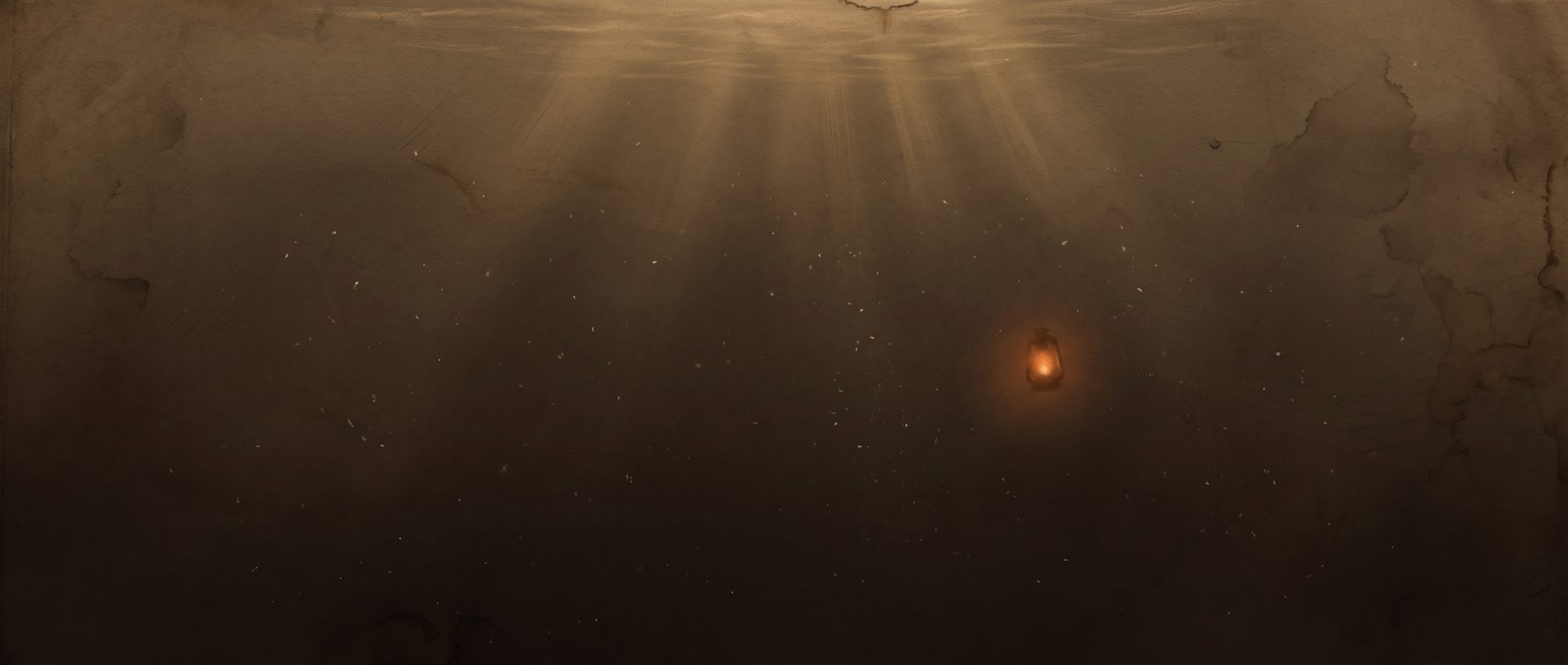 Mid-water twilight: the last light from the surface fades into warm darkness around a small ember glow.