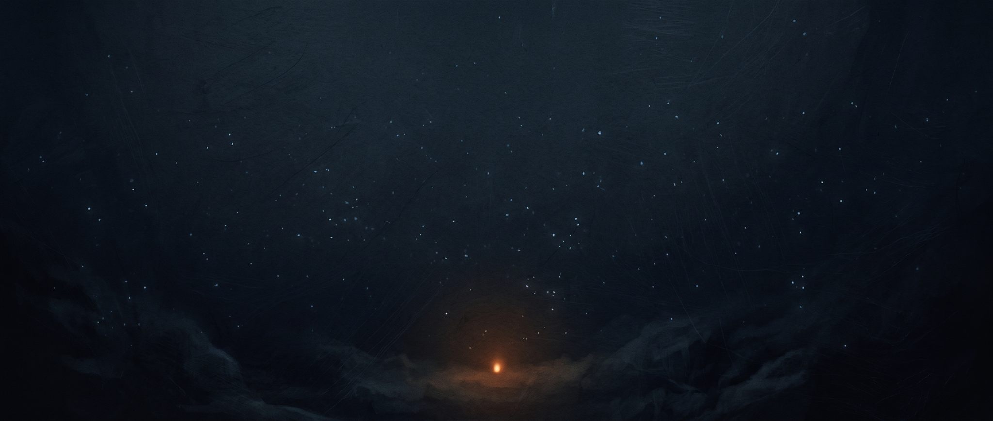 The abyss: blue-black darkness scattered with faint pale motes and one distant ember light.